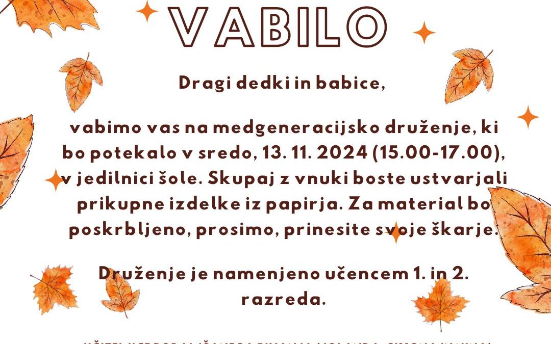 Medgeneracijske delavnice za prvo- in drugošolce – sreda, 13. 11. 2024